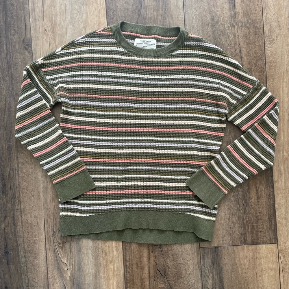 REI Olive Green Striped Crewneck Sweater with Pink and Cream Accents